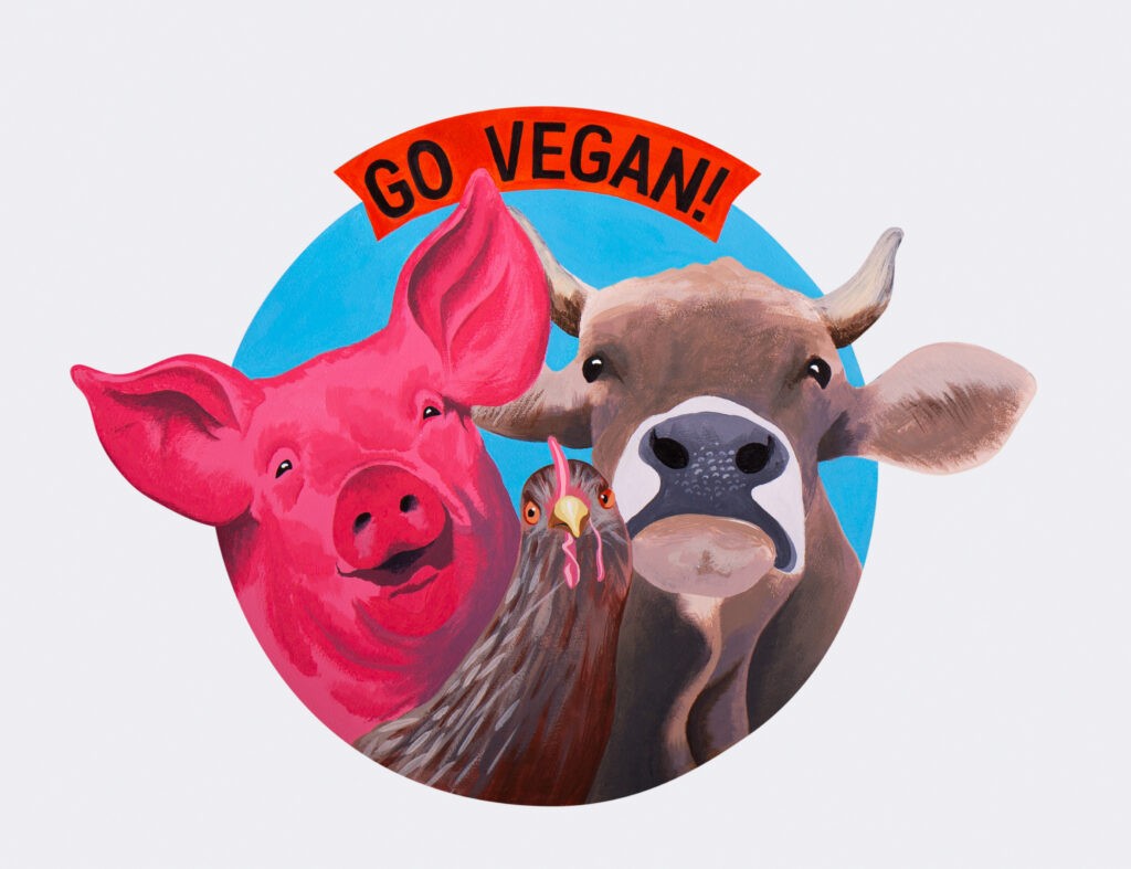 Vegane Kunst. Gemaltes Bild: Ein Schwein, ein Huhn und eine Kuh. Oben darüber ein Banner mit der Inschrift „Go vegan!“.