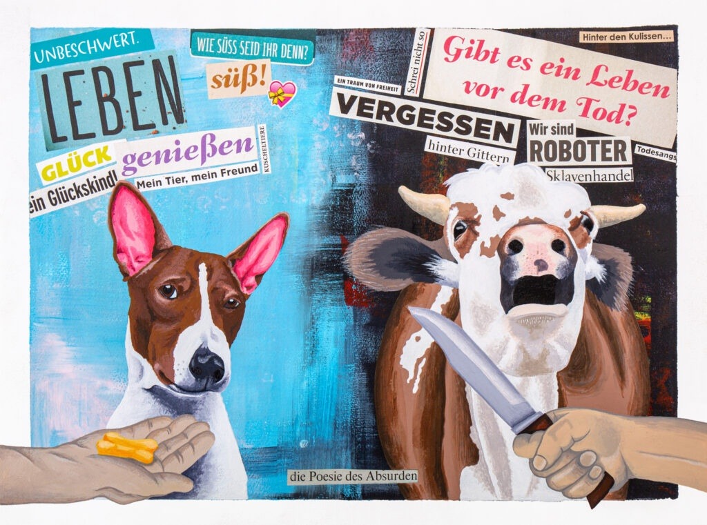 Gemaltes Haustier vs. Nutztier als Collage: „Poetry of absurdity“