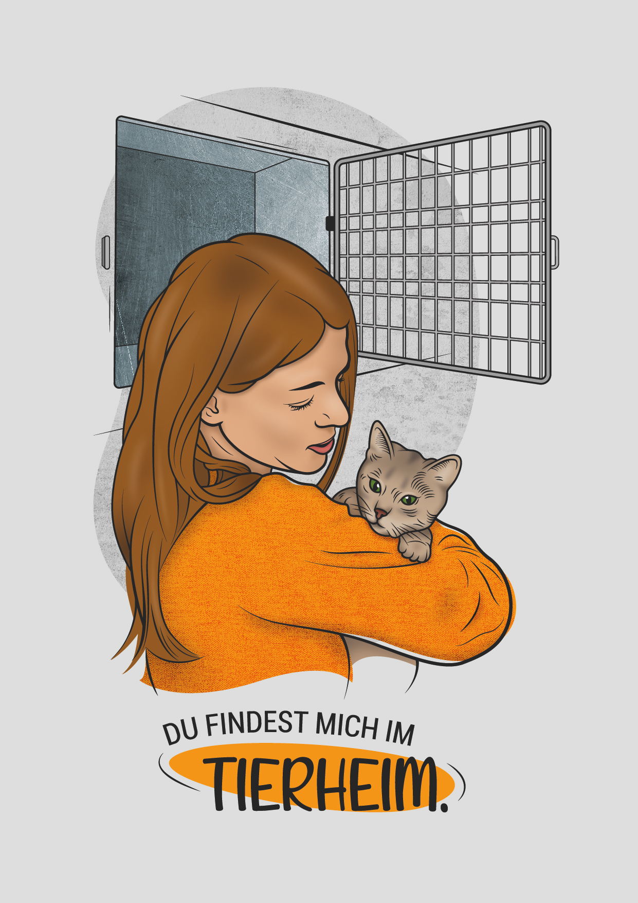 Eine Frau hält eine Katze im Arm, hinter ihr ein offender Käfig aus Metall.