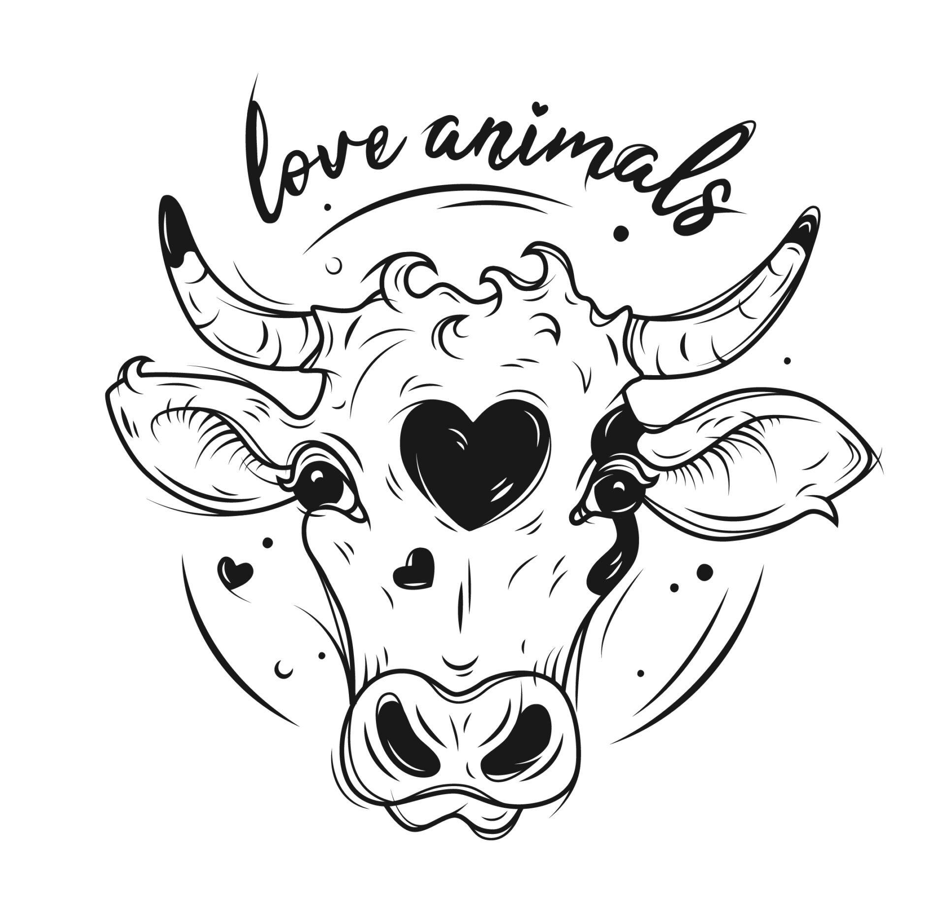 Schwarzweiße Illustration eines Kuhkopfes mit der Überschrift „love animals“