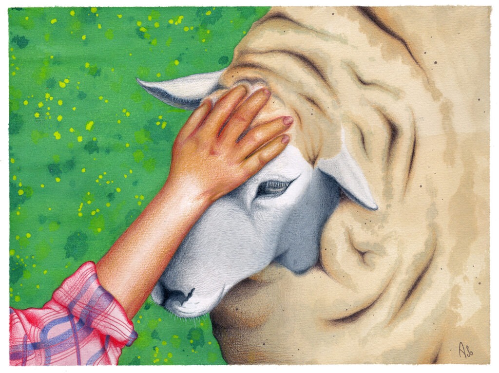 Gemälde einer Hand, die auf dem Kopf eines Schafes liegt, das auf einer Wiese steht.