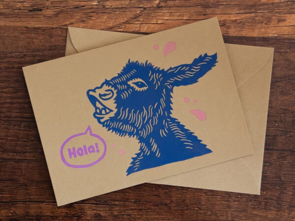 Besondere Grußkarte mit Esel aus Recyclingpapier: Ein Esel mit einer Sprechblase, in der "Hola" steht