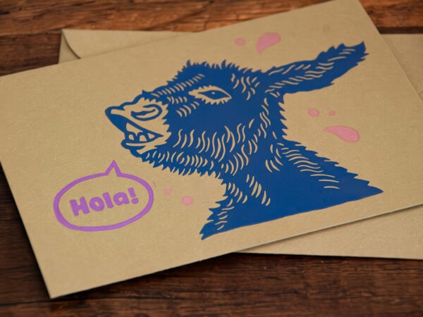 Besondere Grußkarte mit Esel aus Recyclingpapier: Ein Esel mit einer Sprechblase, in der "Hola" steht