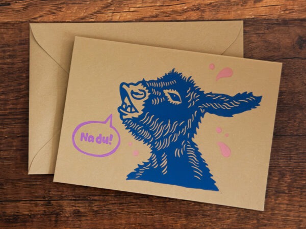 Besondere Grußkarte mit Esel aus Recyclingpapier: Ein Esel mit einer Sprechblase, in der "Na du" steht