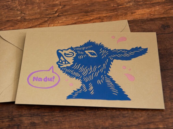 Besondere Grußkarte mit Esel aus Recyclingpapier: Ein Esel mit einer Sprechblase, in der "Na du" steht