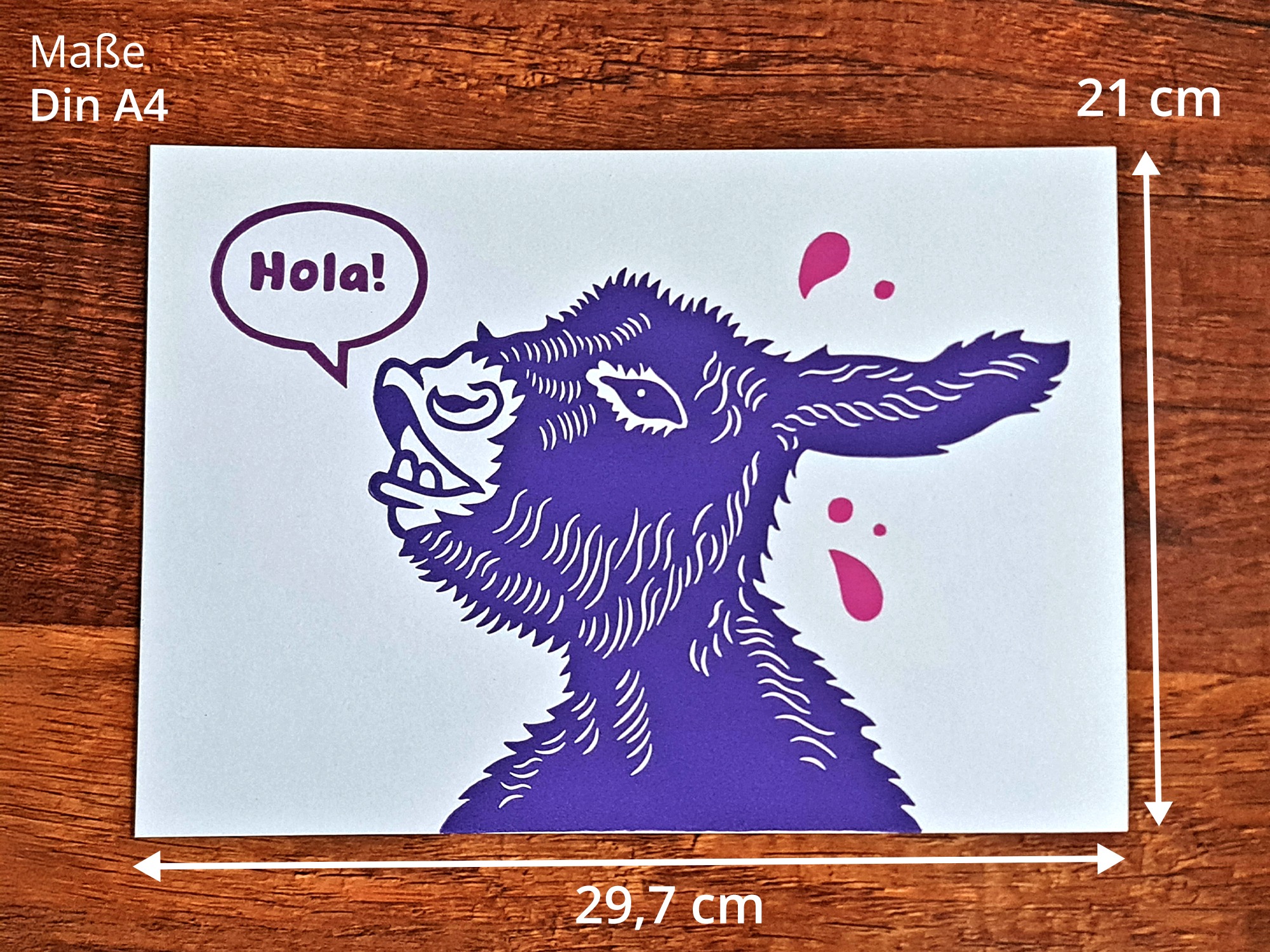 Handgemachter Linoldruck als Wandbild mit einem lila Esel und einer Sprechblase mit dem Text „Hola!“ mit pinken Tropfen auf weißem Hintergund