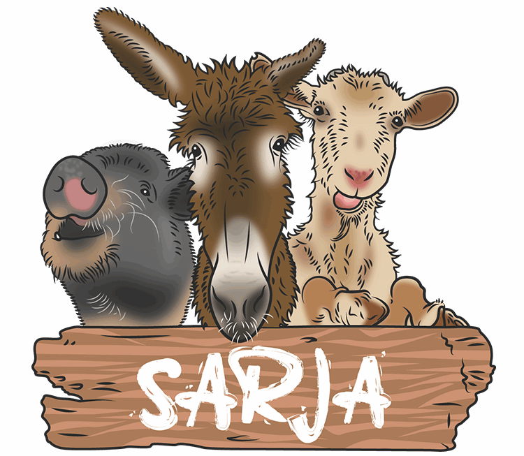 Illustration mit einem Schwein, einem Esel und einer Ziege über einem Holzbrett, auf dem "Sarja" steht.