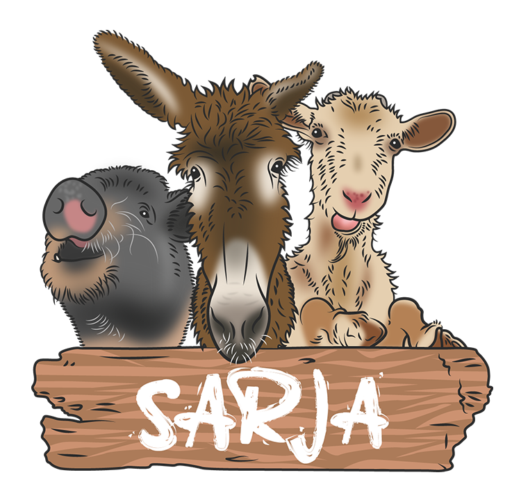 Illustration mit einem Schwein, einem Esel und einer Ziege über einem Holzbrett, auf dem "Sarja" steht.